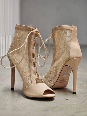 Peep Toe Lace-Up Stiletto Booties With Sheer Lace Panels Nude Beige High Heel An